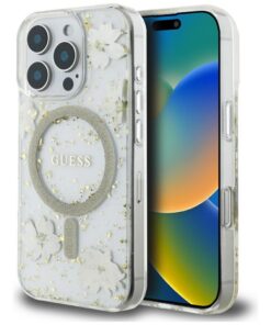 Guess HC MagSafe Resin Flowers and Glitter case for iPhone 16 Pro Max Beige