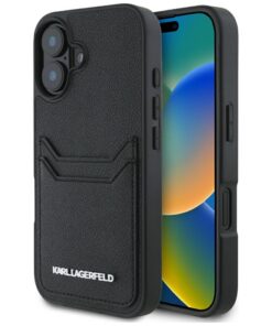Karl Lagerfeld HC Grained PU CardSlot Metal Elong case for iPhone 16 Black