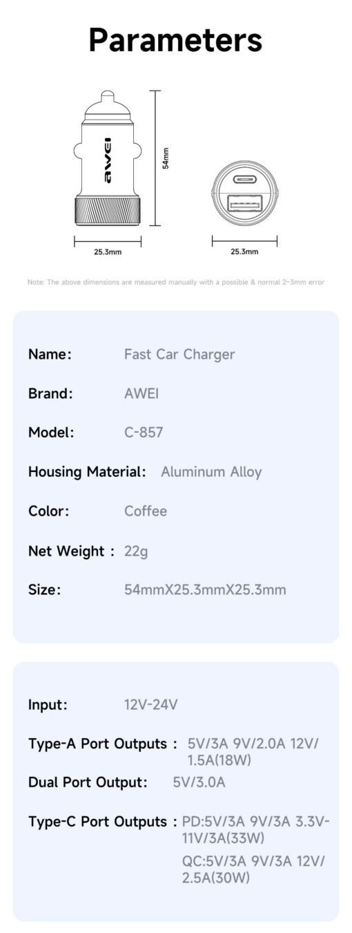 Autolaadija Awei C-857 33W USB-C/USB-A must - Image 4