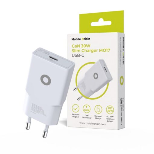 Toalaadija adapter USB-C juhtmele 30W GaN, valge, õhuke, PD kiirlaadimine, Mobile Origin