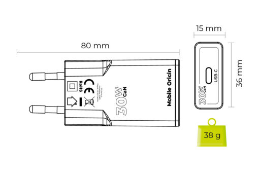 Toalaadija adapter USB-C juhtmele 30W GaN, valge, õhuke, PD kiirlaadimine, Mobile Origin - Image 4