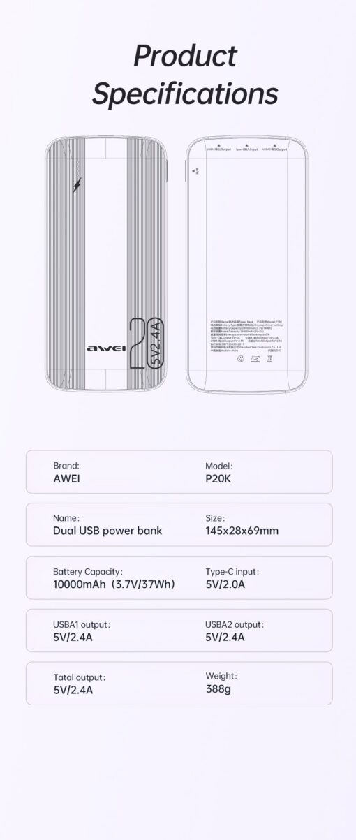Väline aku Power Bank Awei P19K 5V/2.4A 20000mAh must - Image 4
