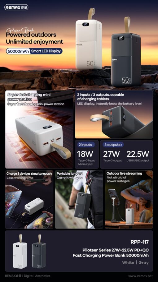Väline aku Power Bank Remax RPP-117 22.5W 50000mAh must - Image 3