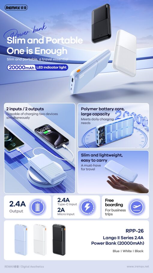 Väline aku Power Bank Remax RPP-26 12W 20000mAh must - Image 2