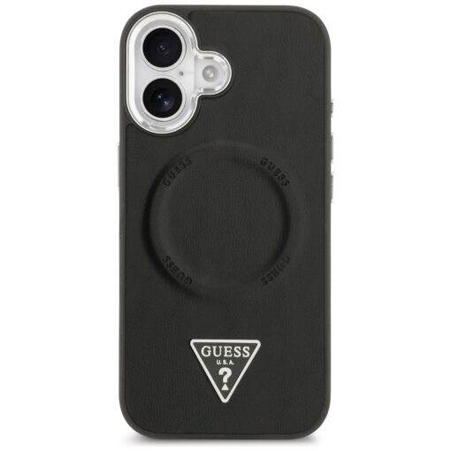 Guess Case Magsafe PU Leather Case With Triangle Logo Silver Metal Camera Frame For iPhone 17 Black - Image 3