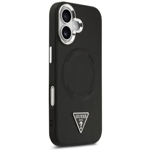 Guess Case Magsafe PU Leather Case With Triangle Logo Silver Metal Camera Frame For iPhone 17 Black - Image 4