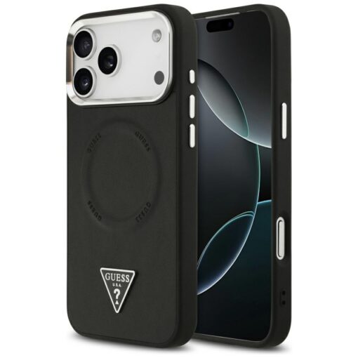 Guess Case Magsafe PU Leather Case With Triangle Logo Silver Metal Camera Frame For iPhone 17 Pro Black