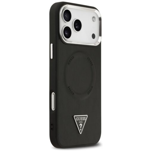 Guess Case Magsafe PU Leather Case With Triangle Logo Silver Metal Camera Frame For iPhone 17 Pro Black - Image 4