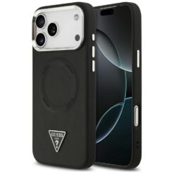 Guess Case Magsafe PU Leather Case With Triangle Logo Silver Metal Camera Frame For iPhone 17 Pro Max Black