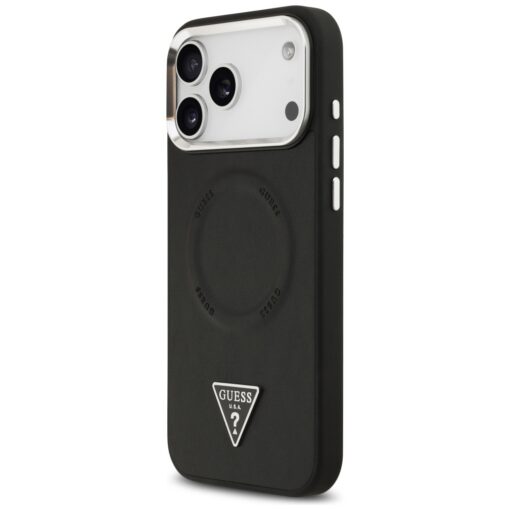 Guess Case Magsafe PU Leather Case With Triangle Logo Silver Metal Camera Frame For iPhone 17 Pro Max Black - Image 2