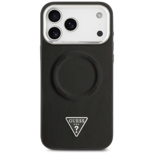 Guess Case Magsafe PU Leather Case With Triangle Logo Silver Metal Camera Frame For iPhone 17 Pro Max Black - Image 3
