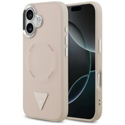 Guess Case Magsafe PU Leather Case With Triangle Logo Silver Metal Camera Frame For iPhone 17 Pink