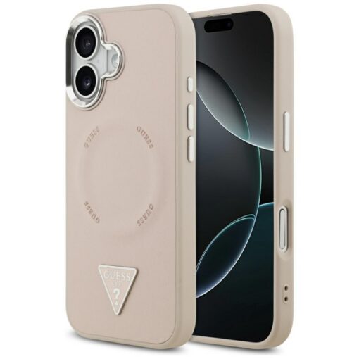 Guess Case Magsafe PU Leather Case With Triangle Logo Silver Metal Camera Frame For iPhone 17 Pink