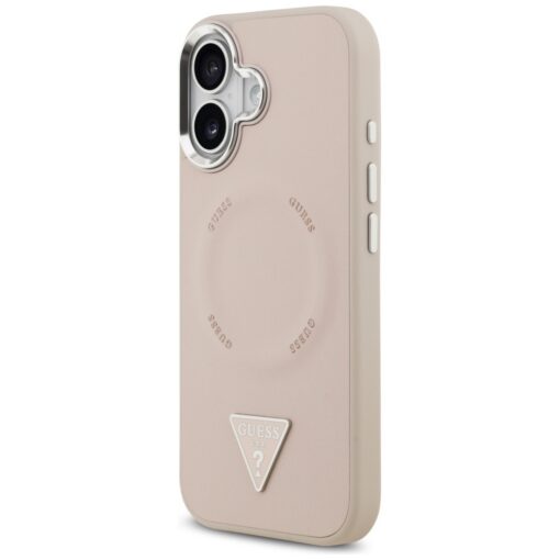 Guess Case Magsafe PU Leather Case With Triangle Logo Silver Metal Camera Frame For iPhone 17 Pink - Image 2