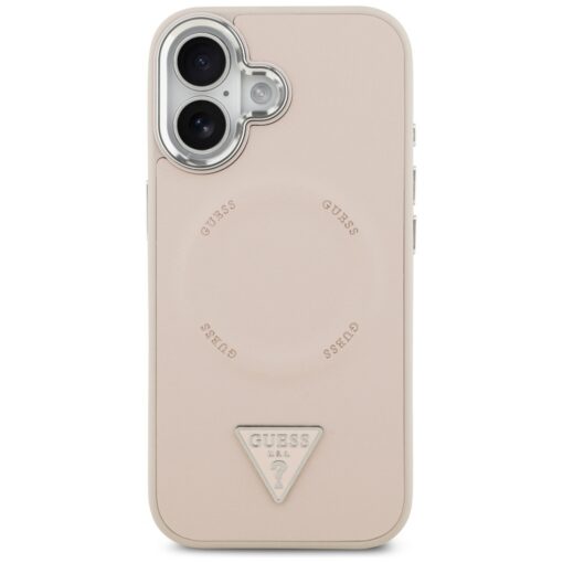 Guess Case Magsafe PU Leather Case With Triangle Logo Silver Metal Camera Frame For iPhone 17 Pink - Image 3