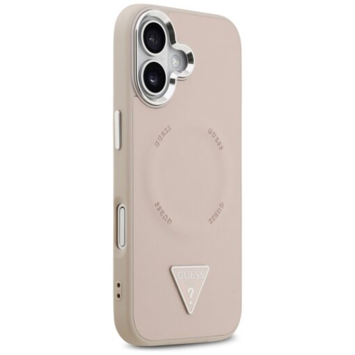 Guess Case Magsafe PU Leather Case With Triangle Logo Silver Metal Camera Frame For iPhone 17 Pink - Image 4