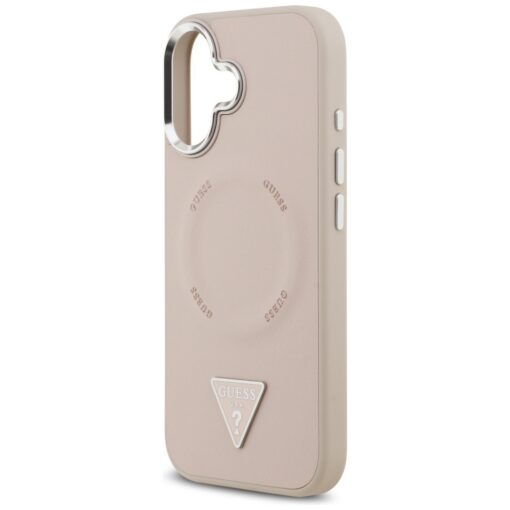 Guess Case Magsafe PU Leather Case With Triangle Logo Silver Metal Camera Frame For iPhone 17 Pink - Image 6