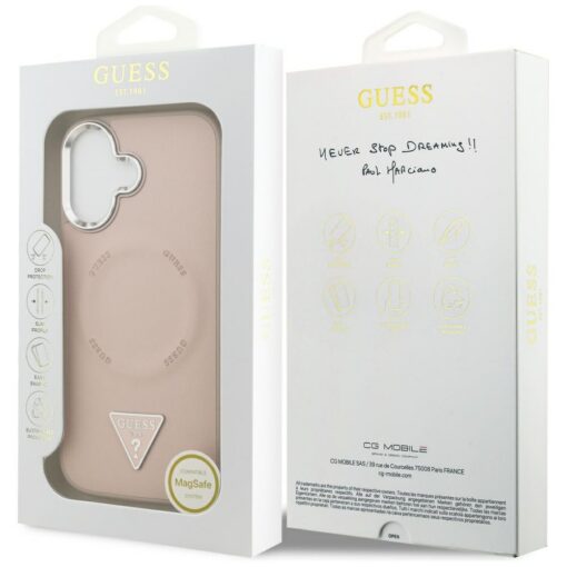 Guess Case Magsafe PU Leather Case With Triangle Logo Silver Metal Camera Frame For iPhone 17 Pink - Image 8