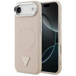 Guess Case Magsafe PU Leather Case With Triangle Logo Silver Metal Camera Frame For iPhone 17 Air Pink