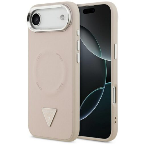 Guess Case Magsafe PU Leather Case With Triangle Logo Silver Metal Camera Frame For iPhone 17 Air Pink