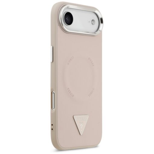 Guess Case Magsafe PU Leather Case With Triangle Logo Silver Metal Camera Frame For iPhone 17 Air Pink - Image 4