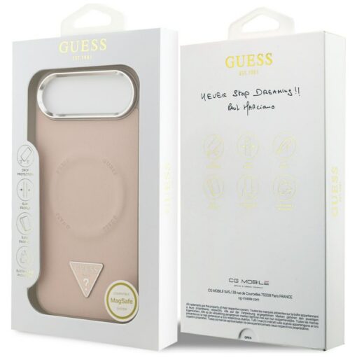 Guess Case Magsafe PU Leather Case With Triangle Logo Silver Metal Camera Frame For iPhone 17 Air Pink - Image 8