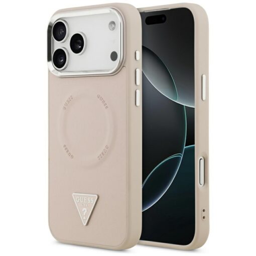 Guess Case Magsafe PU Leather Case With Triangle Logo Silver Metal Camera Frame For iPhone 17 Pro Pink