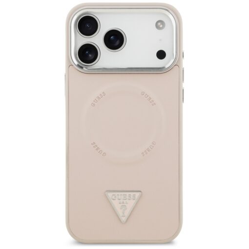 Guess Case Magsafe PU Leather Case With Triangle Logo Silver Metal Camera Frame For iPhone 17 Pro Pink - Image 3