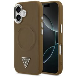 Guess Case Magsafe PU Leather Case With Triangle Logo Silver Metal Camera Frame For iPhone 17 Brown
