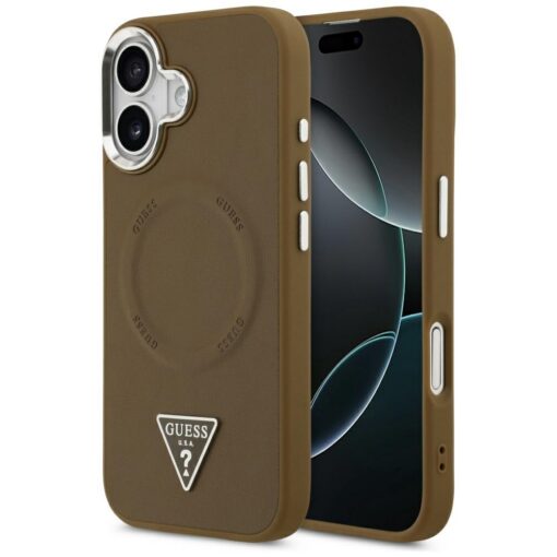 Guess Case Magsafe PU Leather Case With Triangle Logo Silver Metal Camera Frame For iPhone 17 Brown