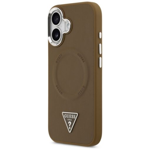 Guess Case Magsafe PU Leather Case With Triangle Logo Silver Metal Camera Frame For iPhone 17 Brown - Image 2