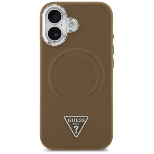 Guess Case Magsafe PU Leather Case With Triangle Logo Silver Metal Camera Frame For iPhone 17 Brown - Image 3