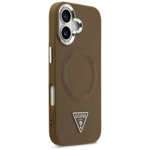 Guess Case Magsafe PU Leather Case With Triangle Logo Silver Metal Camera Frame For iPhone 17 Brown - Image 4
