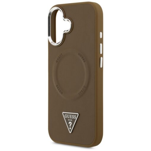 Guess Case Magsafe PU Leather Case With Triangle Logo Silver Metal Camera Frame For iPhone 17 Brown - Image 6