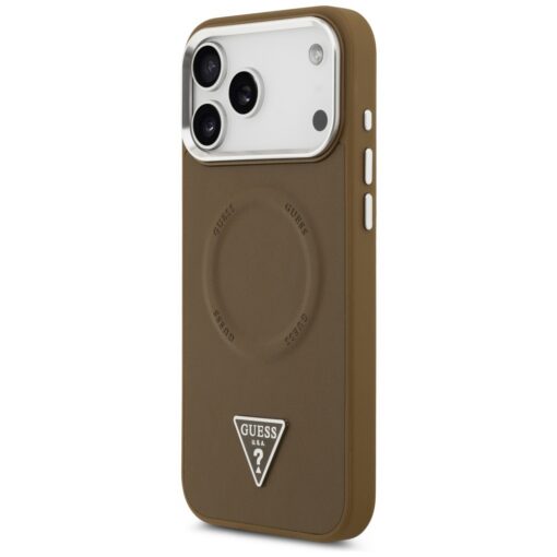 Guess Case Magsafe PU Leather Case With Triangle Logo Silver Metal Camera Frame For iPhone 17 Pro Brown - Image 2