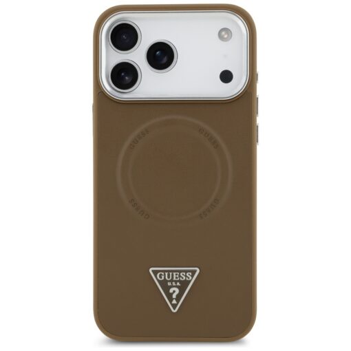 Guess Case Magsafe PU Leather Case With Triangle Logo Silver Metal Camera Frame For iPhone 17 Pro Brown - Image 3