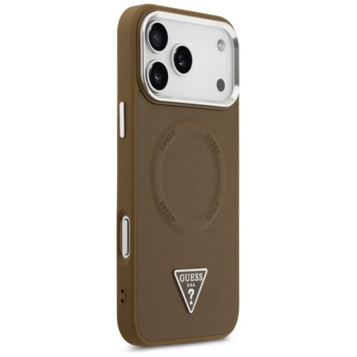 Guess Case Magsafe PU Leather Case With Triangle Logo Silver Metal Camera Frame For iPhone 17 Pro Brown - Image 4