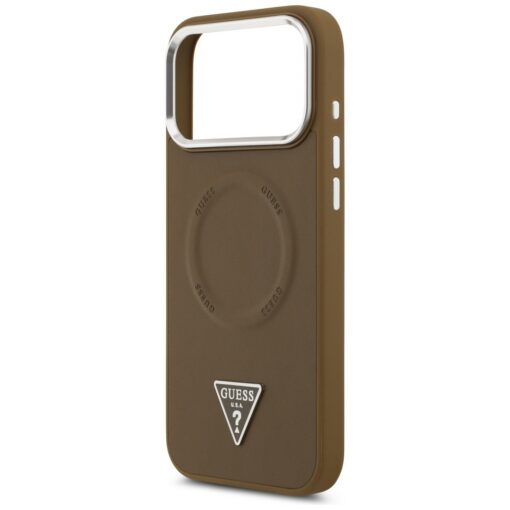 Guess Case Magsafe PU Leather Case With Triangle Logo Silver Metal Camera Frame For iPhone 17 Pro Max Brown - Image 6