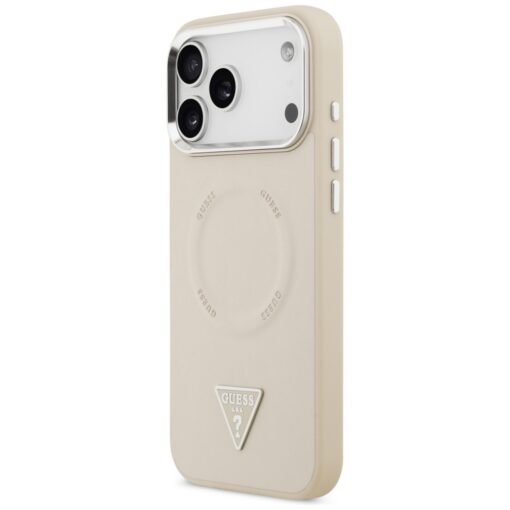 Guess Case Magsafe PU Leather Case With Triangle Logo Silver Metal Camera Frame For iPhone 17 Pro Max Beige - Image 2