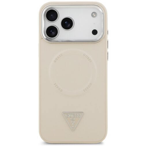 Guess Case Magsafe PU Leather Case With Triangle Logo Silver Metal Camera Frame For iPhone 17 Pro Max Beige - Image 3