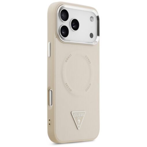 Guess Case Magsafe PU Leather Case With Triangle Logo Silver Metal Camera Frame For iPhone 17 Pro Max Beige - Image 4