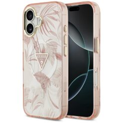 Guess Case Magsafe Pc TPU Case Jungle Tonal Pattern With Printed Logo Triangle And Metal Camera Frame For iPhone 17 Pink