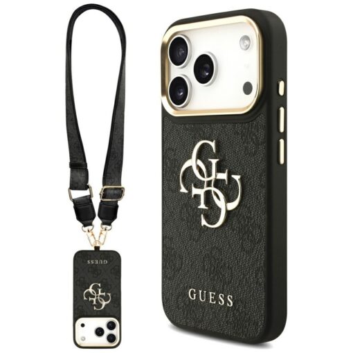 Guess Case 4G PU Leather Case Big 4G And Classic Logo With Big 4G PU Nylon Strap And Metal Camera And Buttons For iPhone 17 Pro Black