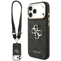Guess Case 4G PU Leather Case Big 4G And Classic Logo With Big 4G PU Nylon Strap And Metal Camera And Buttons For iPhone 17 Pro Max Black