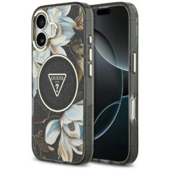 Guess Case Magsafe IML Case Glitter Flowers And Triangle With Metal Camera Frame And Buttons For iPhone 17 Black