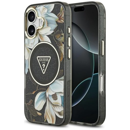 Guess Case Magsafe IML Case Glitter Flowers And Triangle With Metal Camera Frame And Buttons For iPhone 17 Black