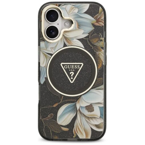 Guess Case Magsafe IML Case Glitter Flowers And Triangle With Metal Camera Frame And Buttons For iPhone 17 Black - Image 3