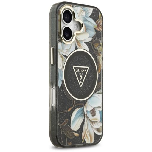 Guess Case Magsafe IML Case Glitter Flowers And Triangle With Metal Camera Frame And Buttons For iPhone 17 Black - Image 4
