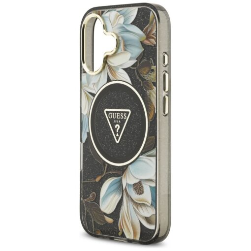 Guess Case Magsafe IML Case Glitter Flowers And Triangle With Metal Camera Frame And Buttons For iPhone 17 Black - Image 6