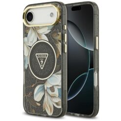 Guess Case Magsafe IML Case Glitter Flowers And Triangle With Metal Camera Frame And Buttons For iPhone 17 Air Black
